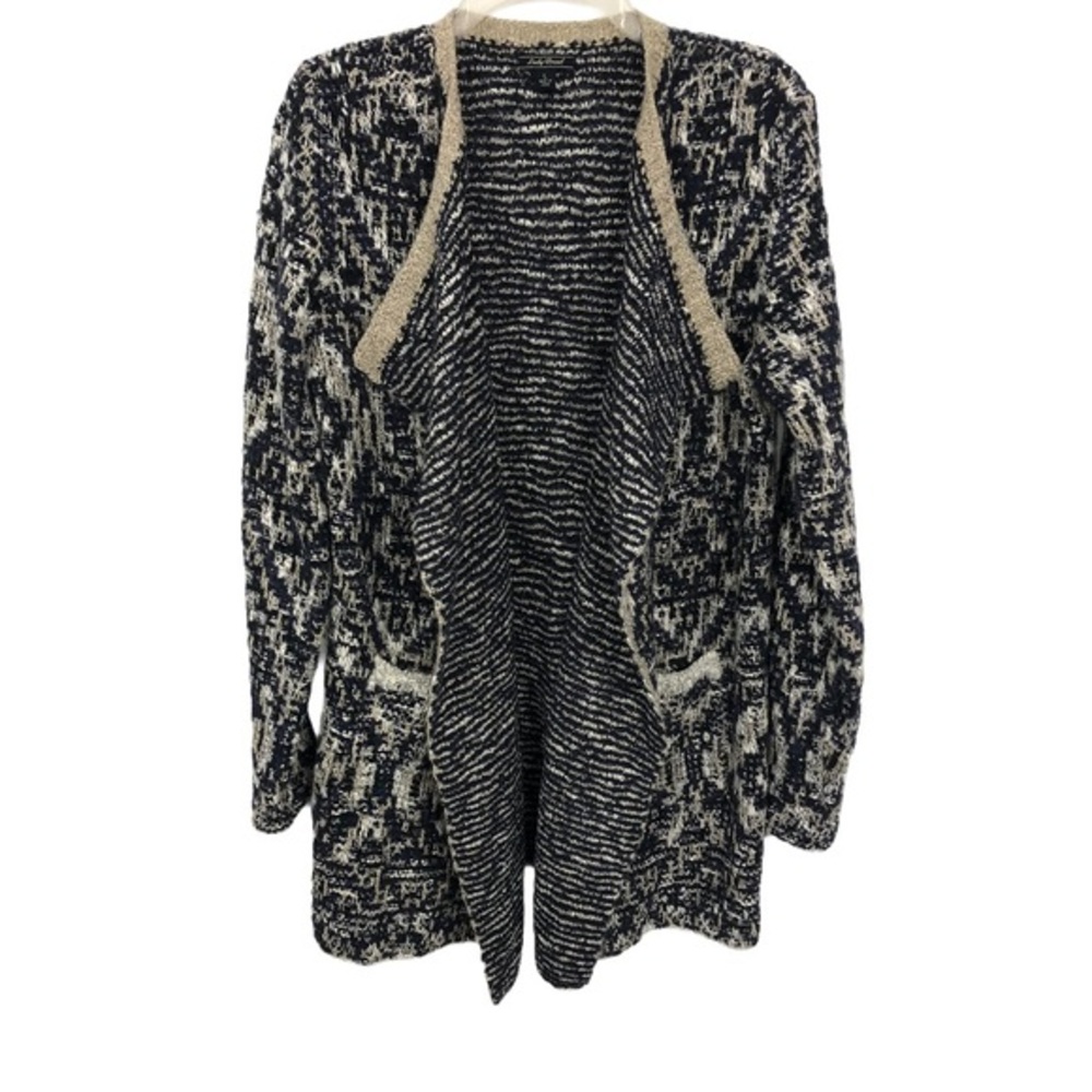 Lucky Brand Knit Cardigan Sweater Women's Size L Open Front Textured Navy Cream